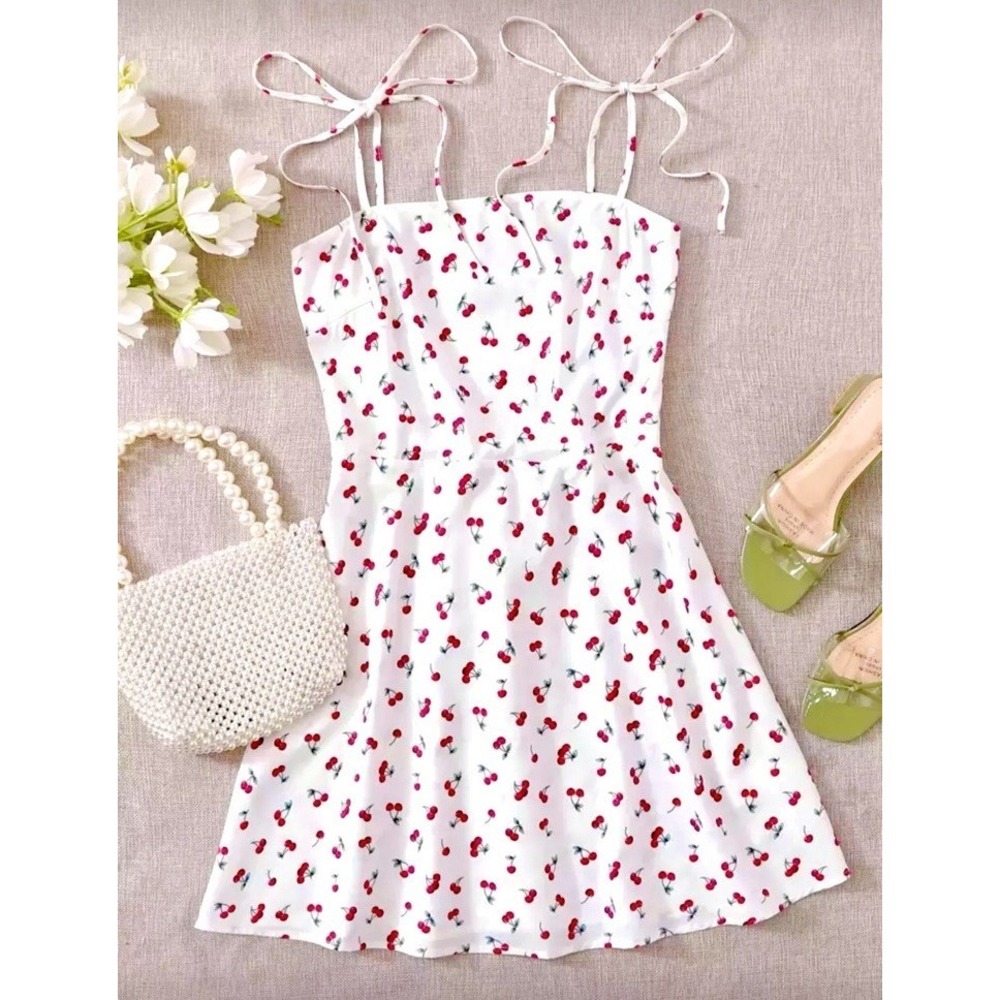 White Cherry Summer Mini Slip Dress Women's Size Small Spaghetti Strap Tie Short